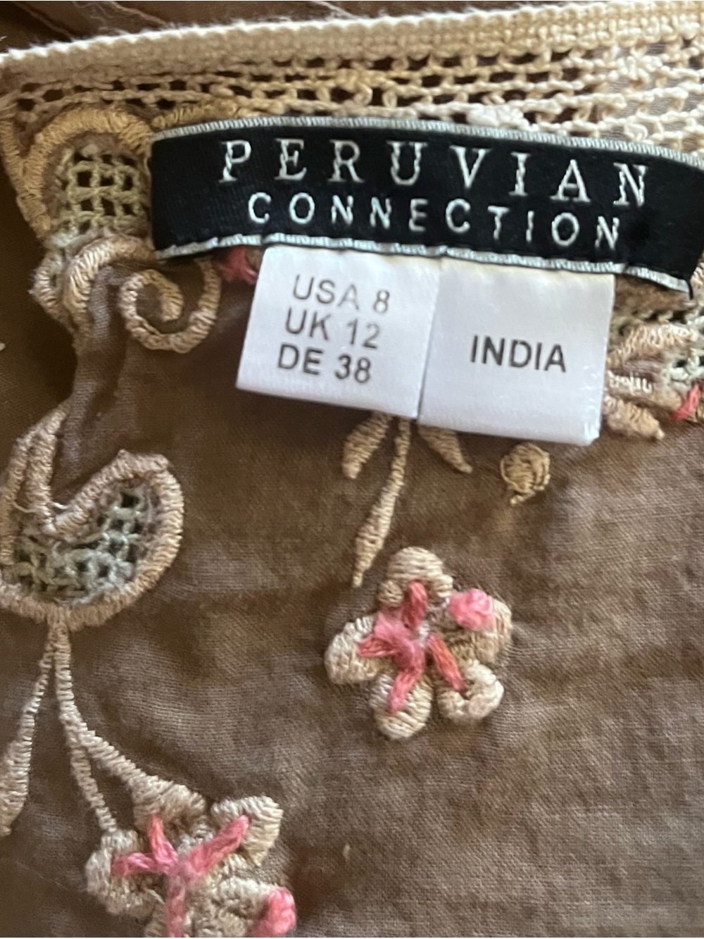Peruvian Connection Brown Sardinia Tunic or Mini with Salmon & Cream Embroidery - Picture 2 of 8